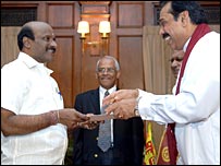 Chandrasekaran being sworn in as a minister in Rajapaksa administration