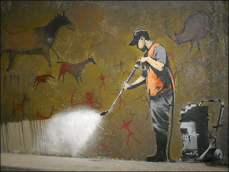 A vast outdoor mural by graffiti artist Banksy
