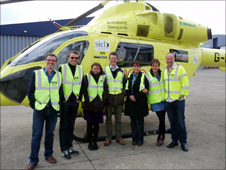 Our gang with the Yorkshire Air Ambulance at Leeds Bradford Airport