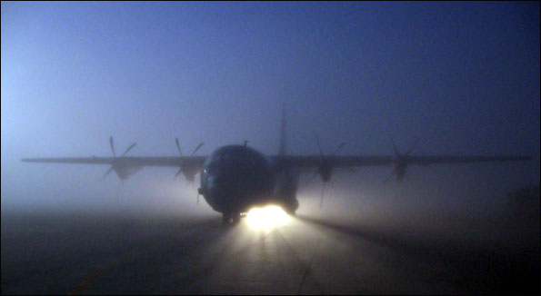 A C-130 Hercules in thick fog at RAF Lyneham, Wilts. (Photo: Tim Davis)