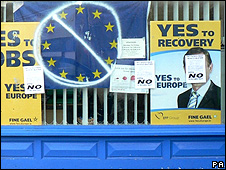 A Fine Gael politician's office defaced with No posters in Ennis, Ireland