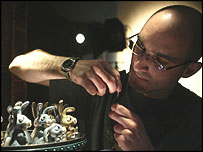 Animator Ian Whitlock at work on Were-Rabbit set