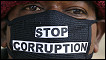 A man with a mask over his face that says "Stop Corruption"