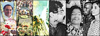 இடமிருந்து வலம் - ராஜீவ் காந்தி உடல் பார்வைக்கு வைக்கப்பட்டுள்ளது- இறுதி ஊர்வலம்- சிதை மூட்டபட்டுள்ளது- சிவராசன்-சுபா-நளினி,முருகன்