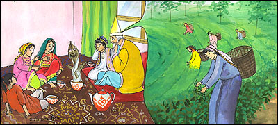 پرده دار برای اطفال در مورد چای می گوېد.