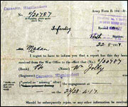 Army form notifying Private William Jolly's mother of her son's death