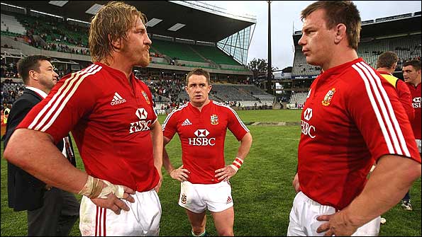Andy Powell (left), Shane Williams (centre) and Matthew Rees contemplate a narrow escape after the Lions' win against the Cheetahs