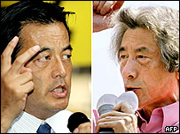 Ông Koizumi (R) và đối thủ Katsumi Okada (L)