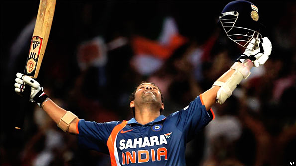 Sachin Tendulkar celebrates his landmark double century