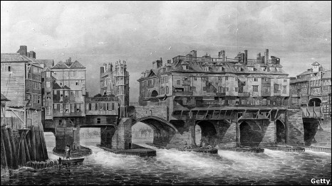 An impression of Old London Bridge depicting houses built on it