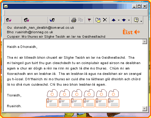 Haidh a Dhonaidh, Tha mi air tilleadh bhon chuairt air Slighe Taobh an Iar na Gaidhealtachd. Tha mi taingeil gun tuirt thu gun cleachdadh tu an coimpiutair agad airson na dealbhan agam a chur air doigh a reir na rinn mi gach la dhe mo thuras. Chum mi am fiosrachadh ann an leachar-la. Tha an leabhar-la agus na dealbhan air an ceangal gu h-iosal. Dh'fhairich mi mo thuras air cuid dhe na laithean gle dhoirbh ach chord la no dha rium chideachd. Chi thu seo bhon leachar-la agam. Tioraidh, Ruairidh.