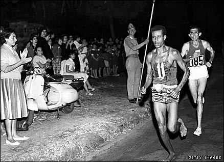 Ethiopia's Abebe Bikila on his way to winning the 1960 Olympic marathon gold