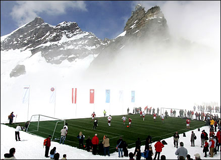 Switzerland and Austria mark one year to go before the start of Euro 2008 with a five-a-side match almost 3.5km above sea level
