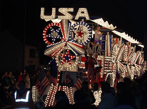 American flag-themed steam train float