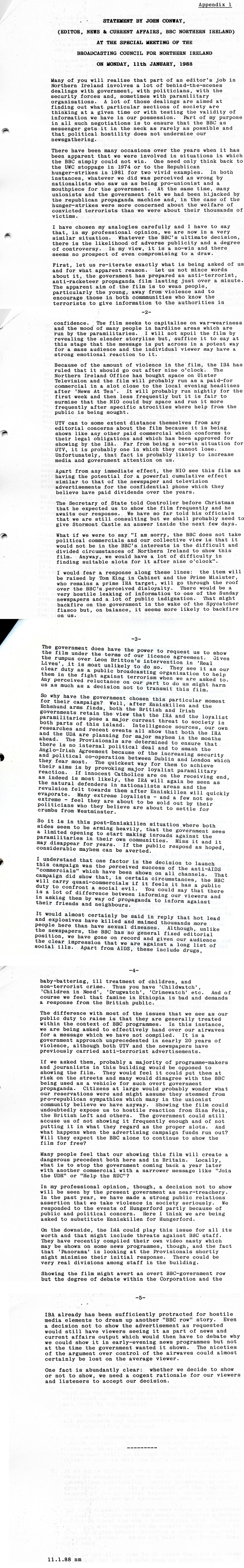 Extract of Minutes from Broadcasting Council Northern Ireland. Statement by John Conway 11th January 1988