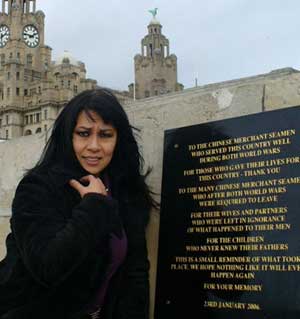 Anna Chen visits the memorial plaque for the Chinese seamen in Liverpool