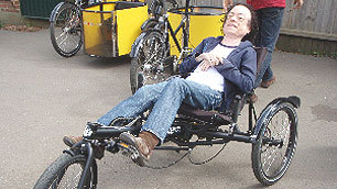 Liz trying a recumbent bike.