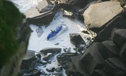 Carnage. Later, same session, and this ski won't be doin much towing-in for a while. 