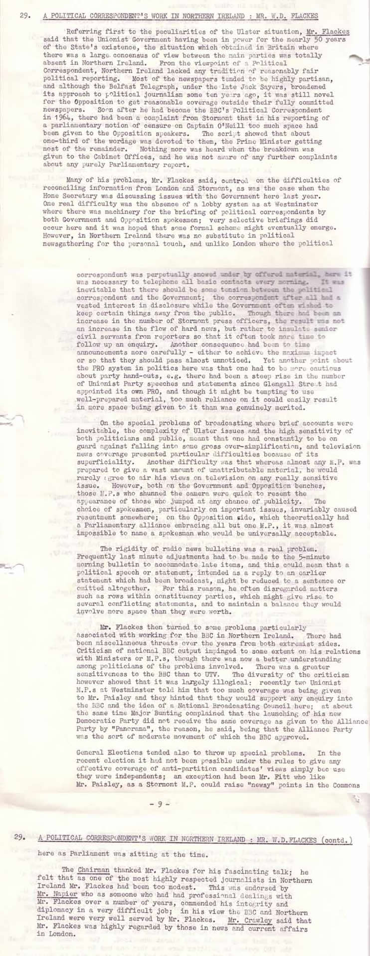 W.D. Flackes - BBC Northern Ireland Advisory Council Minutes, July 1970