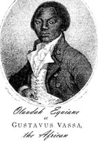 Title page of an old book with black-and-white woodcut of an African man and the text 'Olaudah Equiano or Gustavus Vassa, the African'