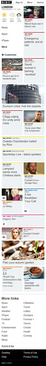 Screen grab of full length of 2-column mobile homepage