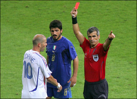 Zinedine Zidane is shown the red card in the 2006 World Cup final as Italian midfielder Gennaro Gattuso looks on