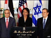 Salam Fayyad, Condoleezza Rice e Ehud Barak em Jerusalém 