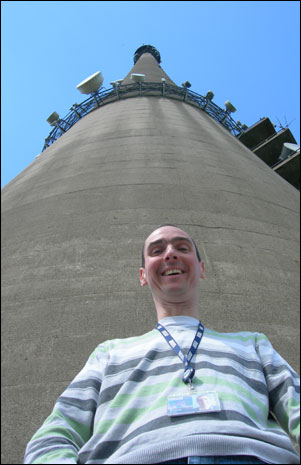 Steve and tower in background
