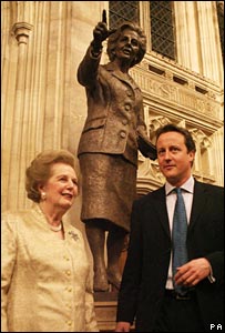 David Cameron and Baroness Thatcher in front of a statue of the former prime minister