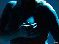 mulher com a mão na mama