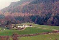 Tomen Sycharth yn y coed y tu cefn i'r ffermdy