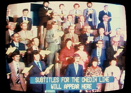 Vintage Ceefax screenshot of subtitles. Taken with conventional stills camera mounted in front of TV screen. Scans from transparency. Taken between 1978 and 1983.