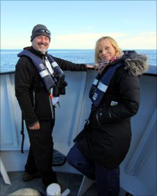 Kirsten O'Brien with naturalist Martin Kitching on board a boat in the North Sea