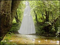 A ghostly white lady on a riverbank