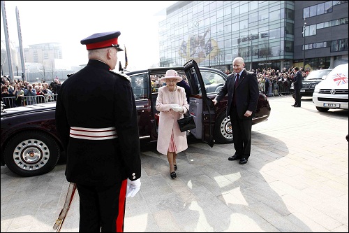 The Queen arrives at MediaCityUK in her car