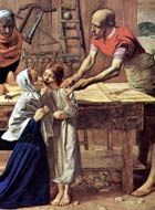 Mary, depicted dressed in blue, is kneeling among the wood shavings on the floor and being kissed on the cheek by the boy Jesus. Joseph is leaning over his workbench to hold the boy's hand. Joseph's woodworking tools are visible in the background