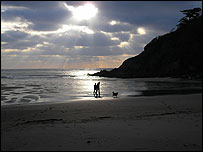 Walkers on the beach at Mothecombe