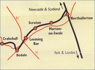 Larger image: map of the line from Leeming Bar to Crakehall