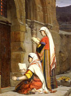 Two women in colourful Middle Eastern dress, barefooted and heads covered with shawls, kneel and stand at the entrance to a tomb. They seem to be praying with Bibles