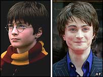Daniel Radcliffe, no primeiro filme, quando tinha 10 anos, e hoje, aos 15
