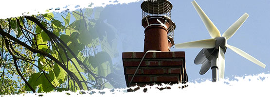 Composite image: tree branches, chimney with filter and domestic wind turbine