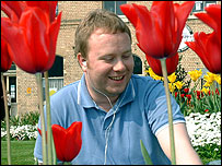 Man amongst the tulips