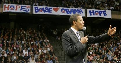 Obama em comício em Boise, Idaho, no início de fevereiro