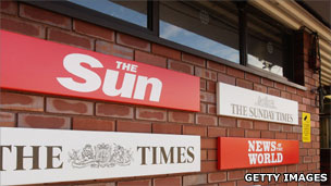 Signs for the four News International newspapers