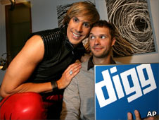 In this photo provided by Digg.com, Sacha Baron Cohen, in character as the Austrian flamboyant fashionista, Bruno, left, poses with Digg Dialogg host Andrew Bancroft during an interview in West Hollywood, Calif., on Tuesday, June 30, 2009