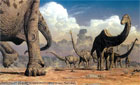 A herd of sauropod dinosaurs migrating during the dry season