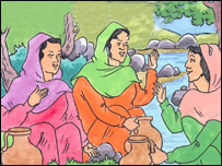 عاطفه با دختران لب چشمه حرف می زنند.