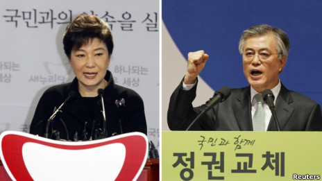 新國家黨候選人樸槿惠和民主統合黨候選人文在寅(資料照片，2012)