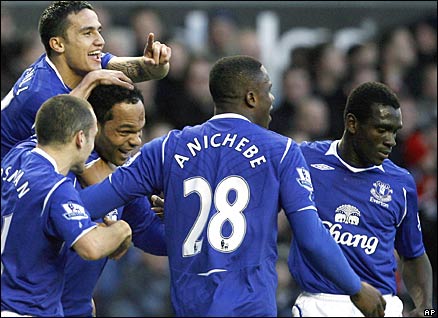 Everton celebrate Lescott's goal